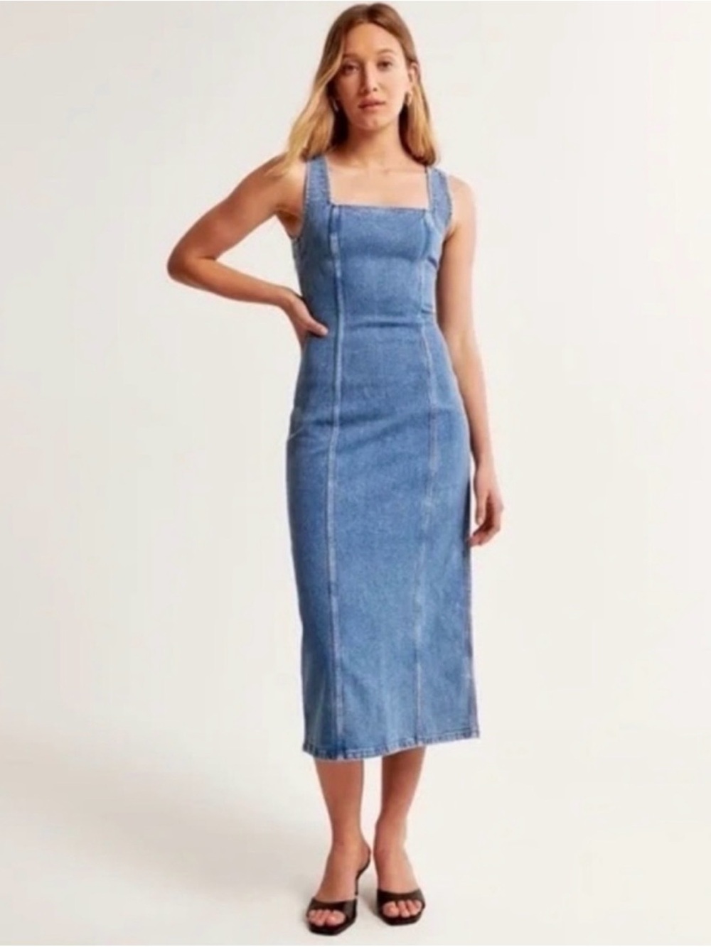 Abercrombie & Fitch Blue Denim Midi Dress square neck layering autumn summer